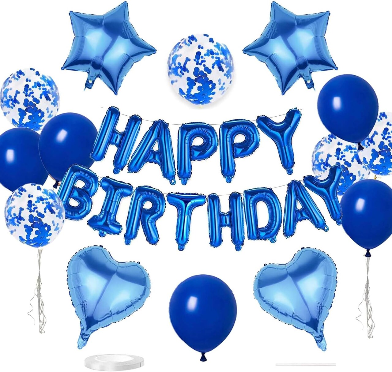 27-Piece Dark Blue Birthday Balloon Kit – 3D Foil “Happy Birthday” Banner, Star & Heart Balloons, Confetti Balloons for Boys & Girls Party Decorations (Dark Blue)